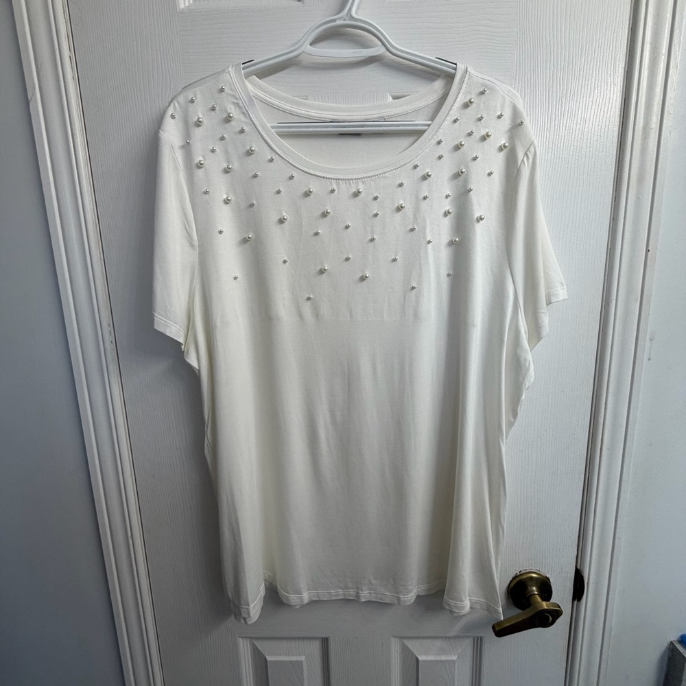 Reitmans White Beaded Short Sleeve Top Women's Plus Size 2X Stretch Blouse NWOT